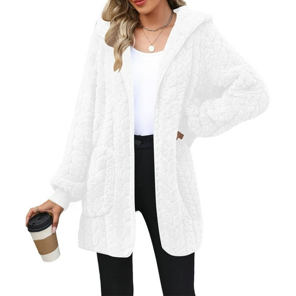 ZHYou No Boundaries Womens Hooded Fleece Cardigan Coats,Soft Plush Sherpa Jacket Outerwear with Pockets,Warm Winter Sweater Overcoats,White,Size:2XL