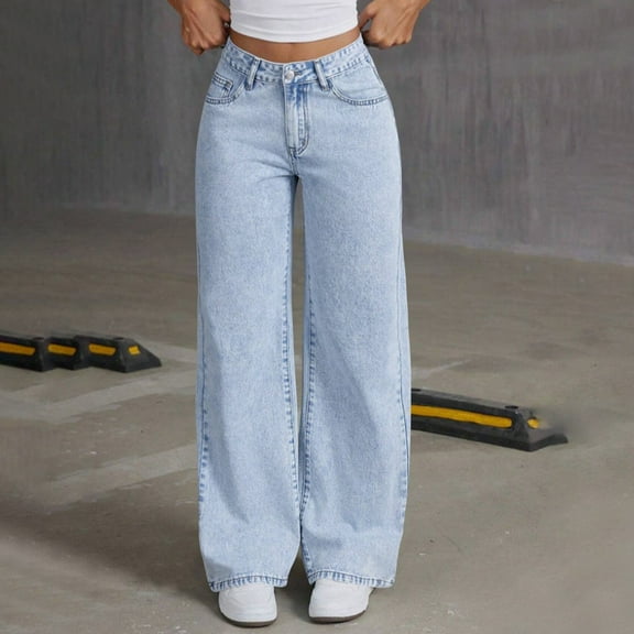 ZHYou No Boundaries Womens Jeans,High Waisted,Wide Leg,Baggy Denim Pants,Washed Stretchy Zip Up Denim Trousers,Blue,Size M