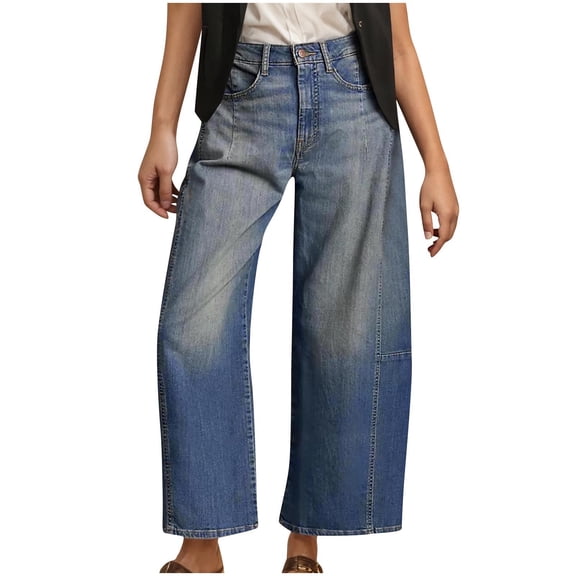 ZHYou Womens Jeans,High Waisted,Wide Leg,Cropped Flare Trousers,Classic Vintage Wash Denim Pants,Dark Blue,Size M