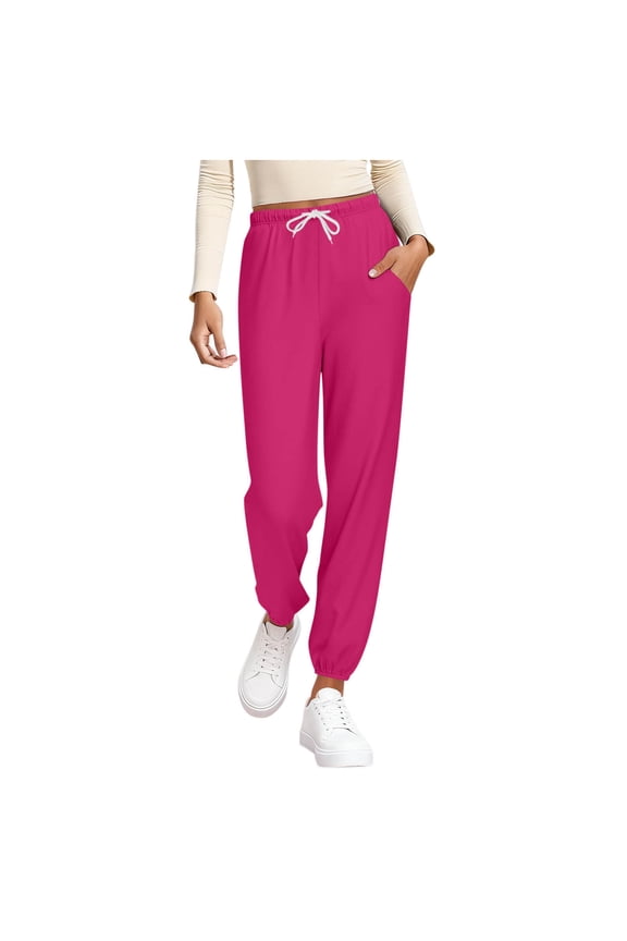 Womens Jogger Pants,Casual Loose Fit Sweatpants with Pockets,Elastic Drawstring Waist Comfy Trousers,Hot Pink,Size M