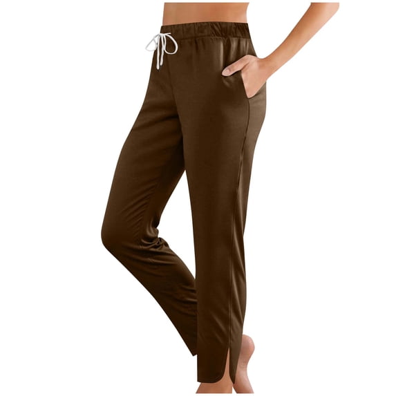 ZHYou Womens Jogger Pants,Slim Fit,Drawstring Elastic Waist,Soft Comfy,Side Split Trousers,with Pockets,Brown,Size XL