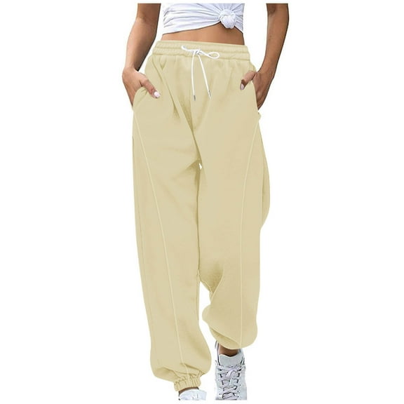 ZHYou Womens Joggers,Cuffed Leg Elastic Drawstring Pants,Waist Loose Fit Side Pocket Comfy Sweatpants,Beige,Size 2XL