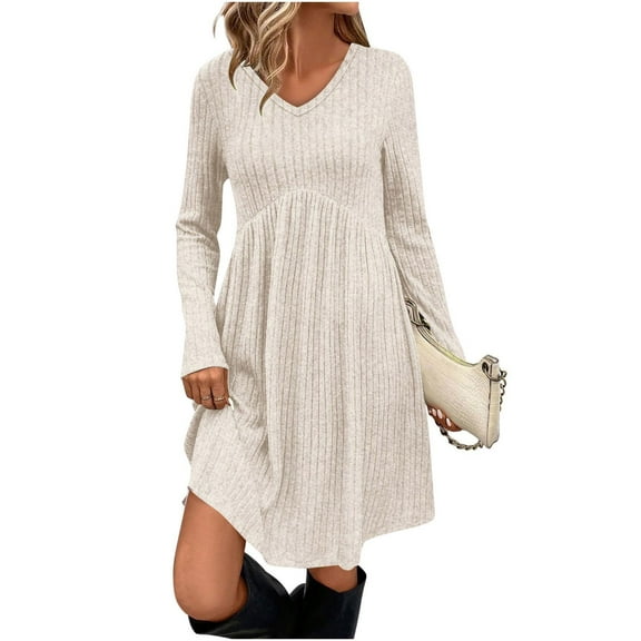 ZHYou No Boundaries Womens Knitted Dresses Long Sleeve V-Neck Ribbed Texture Soft Comfortable Stretchy Casual Mini Dress with Flared Skirt,Beige,L