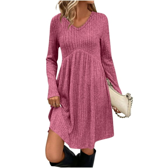 ZHYou No Boundaries Womens Knitted Dresses Long Sleeve V-Neck Ribbed Texture Soft Comfortable Stretchy Casual Mini Dress with Flared Skirt,Hot Pink,L