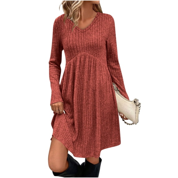 ZHYou Womens Knitted Dresses Long Sleeve V-Neck Ribbed Texture Soft Comfortable Stretchy Casual Mini Dress with Flared Skirt,Orange,2XL