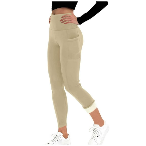 ZHYou No Boundaries Womens Leggings,Fleece Lined,High Waisted,Warm Slim Fit,Pull On,Winter Yoga Pants,with Side Pockets,Beige,Size M