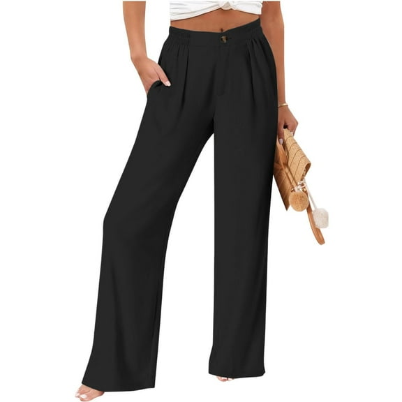ZHYou No Boundaries Womens Linen-Blend Wide Leg Pants,High Waisted Flowy,Trousers with Pleated Detail,Black,Size M