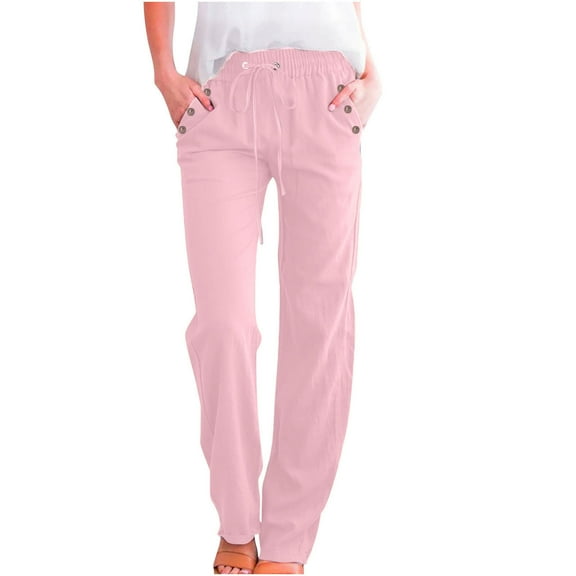 ZHYou No Boundaries Womens Linen Pants,Pull On,Buttons Elastic Waist,Drawstring,Straight Leg Trousers with Pocket,Pink,Size M
