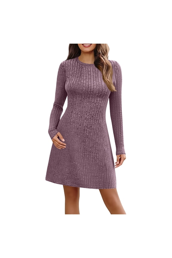Womens Long Sleeve Knit Dresses, Round Neck, Ribbed Texture, Soft Comfortable Stretchy Casual Midi Dresses,Purple,L