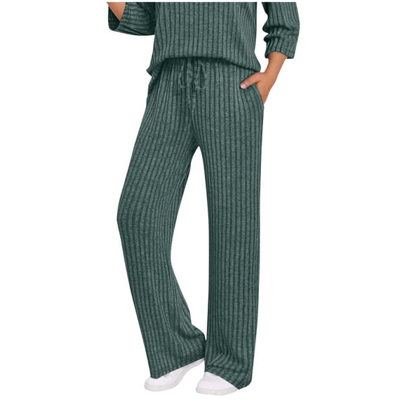 ZHYou Womens Lounge Pants,Ribbed Knit,Soft,Comfy,Drawstring Waist,Wide Leg,Pajama Trousers,Navy,Size L