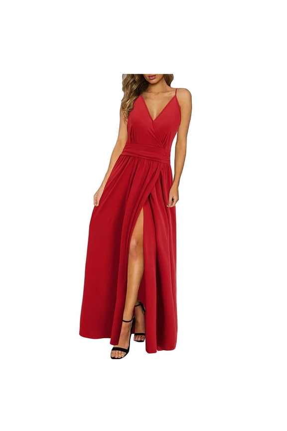 Womens Maxi Dresses, Vacation Floral, Spaghetti Strap ,Spring, Casual Boho Split Beach, Long Flowy Sundress ,Red,L