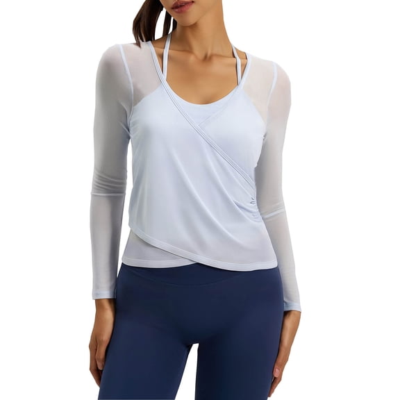 ZHYou Womens Mesh Panel Long Sleeve Fitness Tops,Breathable,Wrap Design,Sport Shirt,Moisture Wicking Active Tees,Blue,Size 2XL