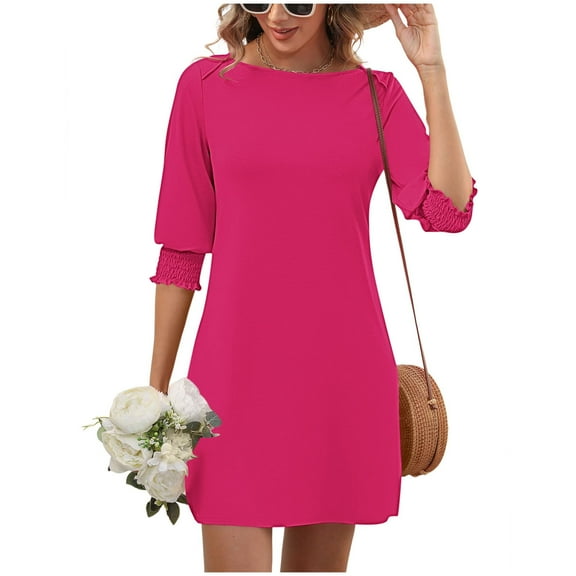 ZHYou Womens Midi Dresses Casual 3/4 Sleeve Frock Crew Neck Smocked Cuff Versatile Dresses,Hot Pink,L