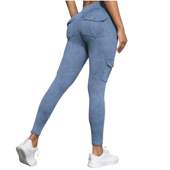 ZHYou Womens Mineral Wash Leggings,with Cargo Pockets,High Waisted,Stretch,Tights for Active Casual Wear,Blue,Size L