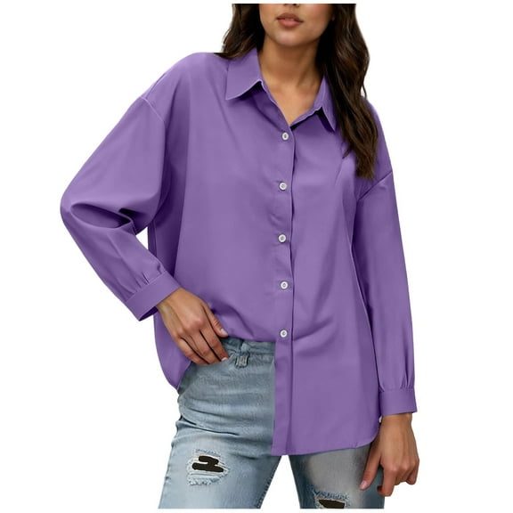 ZHYou Womens Oversized Blouses,Casual Button Down Shirts,Long Sleeve Workwear Dress Shirts,Purple,Size M