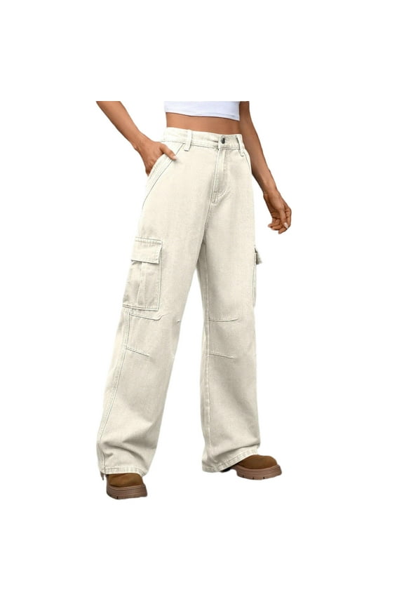 Womens Oversized Cargo Jeans,High Waisted,Wide Leg,Denim Pants,Multiple Pockets Baggy Fit Trousers,Khaki,Size 2XL
