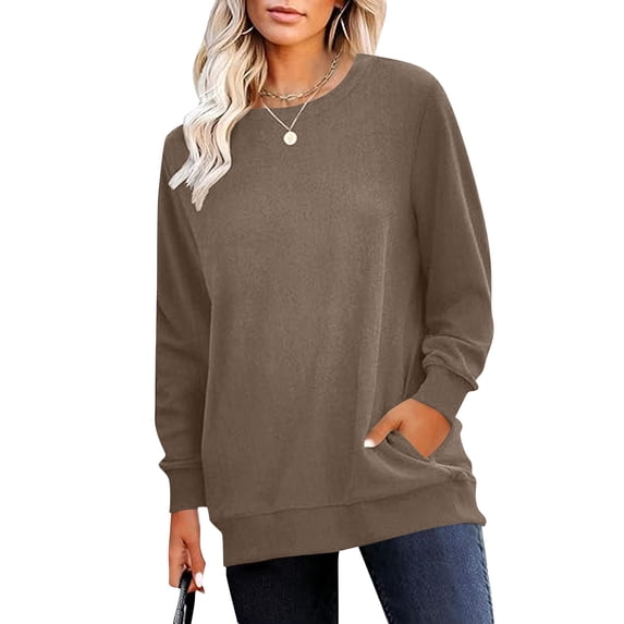 ZHYou Womens Oversized Crew Neck Sweatshirt with Kangaroo Pockets,Soft Plush Fleece Lined Long Sleeve Casual Pullover Tops,Brown,Size L