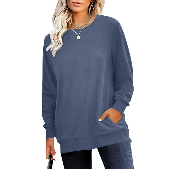 ZHYou Womens Oversized Crew Neck Sweatshirt with Kangaroo Pockets,Soft Plush Fleece Lined Long Sleeve Casual Pullover Tops,Navy,Size XL