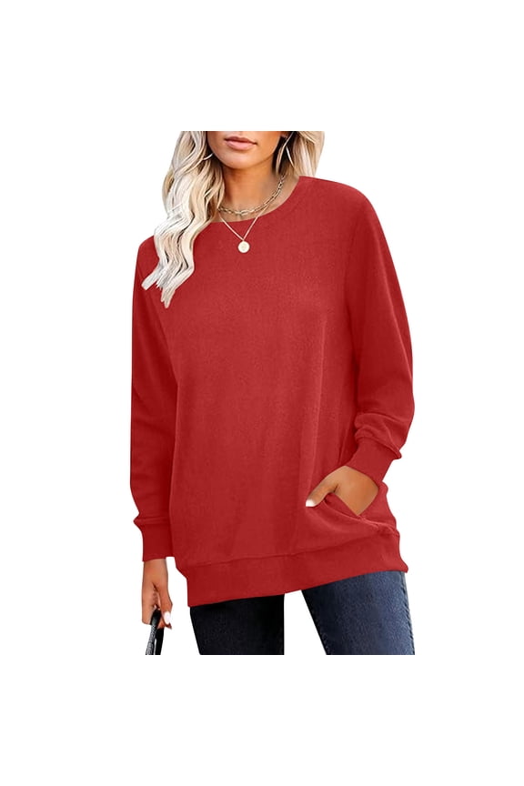 Womens Oversized Crew Neck Sweatshirt with Kangaroo Pockets,Soft Plush Fleece Lined Long Sleeve Casual Pullover Tops,Red,Size 2XL