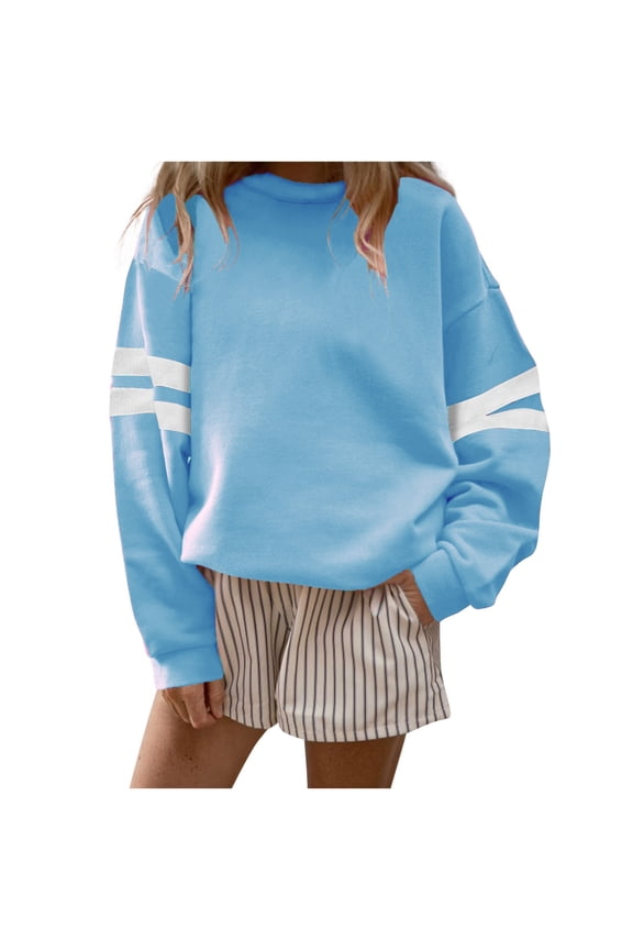 Womens Oversized Sweatshirts,White Stripe,Long Sleeves,Soft Pullover Comfortable Tops,Light Blue,Size 2XL