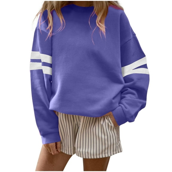 ZHYou No Boundaries Womens Oversized Sweatshirts,White Stripe,Long Sleeves,Soft Pullover Comfortable Tops,Purple,Size L