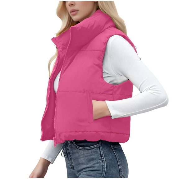 ZHYou No Boundaries Womens Padded Vest, High Stand Collar, Lightweight,Zip Up,Crop Puffer Gilet Women Coats,Hot Pink,Size:S
