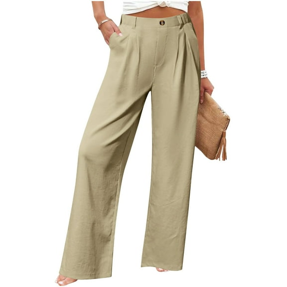 ZHYou Womens Pants,Baggy,High Waist,Pleated,Wide Leg Trousers,Button Closure,Loose Fit Casual Pants,Beige,Size 2XL