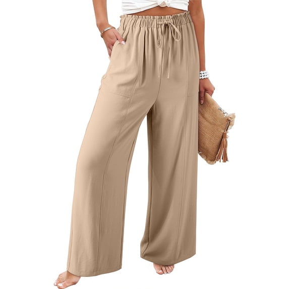 ZHYou Womens Pants,Elastic Waist,Wide Leg,Flowy Baggy Fit,Drawstring,Casual Lounge Trousers,Khaki,Size M