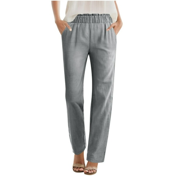 ZHYou No Boundaries Womens Pants,Linen Blend,Elastic Waist,Straight Leg,Slim Fit,Casual Trousers,Gray,Size XL