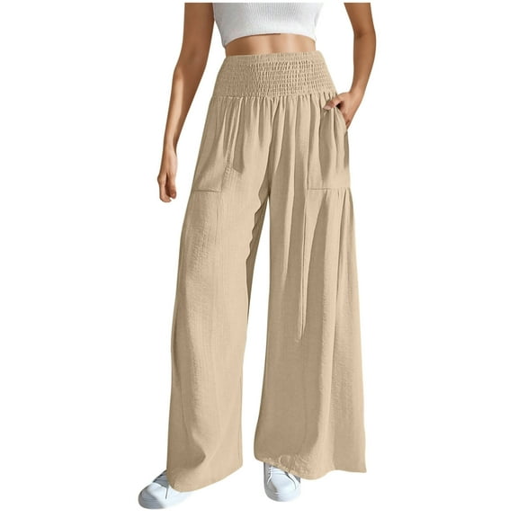 ZHYou No Boundaries Womens Pants,Linen Blend,Wide Leg Palazzo, Elastic Smocked Waist,Flowy Pull On Trousers,Beige,Size S