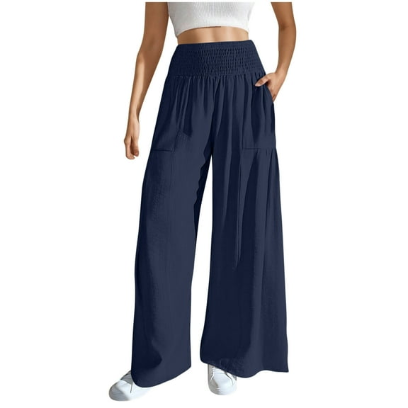 ZHYou No Boundaries Womens Pants,Linen Blend,Wide Leg Palazzo, Elastic Smocked Waist,Flowy Pull On Trousers,Navy,Size L