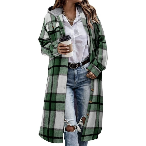 ZHYou No Boundaries Womens Plaid Hooded Overshirt Coat,Checkered Flannel Shacket Jackets,Long Sleeve Casual Outerwear with Hood,Green,Size:2XL