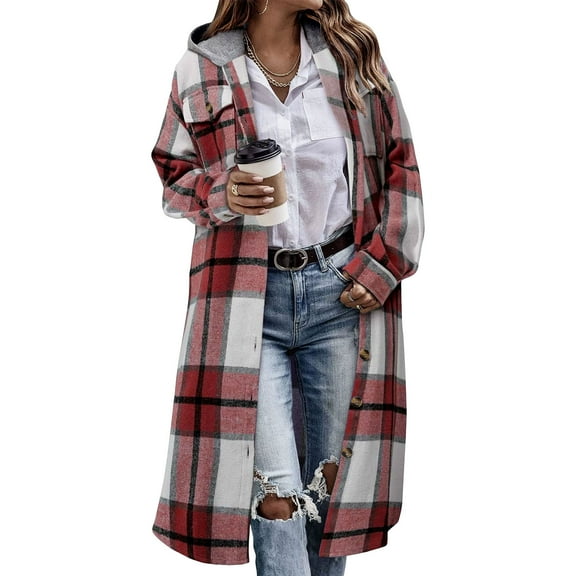 ZHYou Womens Plaid Hooded Overshirt Coat,Checkered Flannel Shacket Jackets,Long Sleeve Casual Outerwear with Hood,Red,Size:L