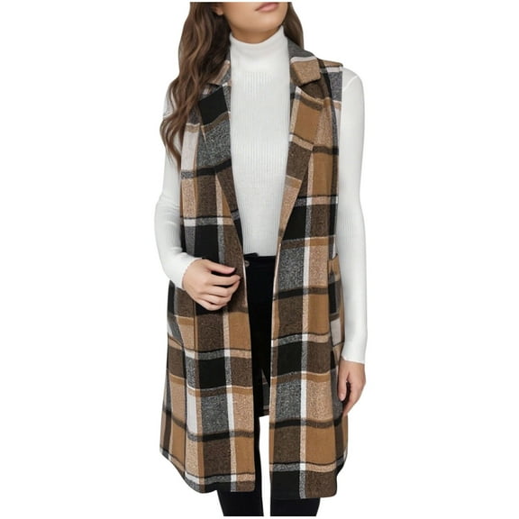 ZHYou No Boundaries Womens Plaid Vest, Christmas Flannel Vest,Sleeveless Blazer Jackets,Long Shacket Cardigan Coats,Khaki,Size:L
