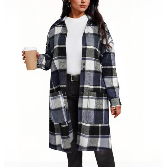 ZHYou Womens Plus Size Flannel Plaid Shirts,Long Sleeve Lounge Lapel Tartan Shacket Jacket,Long Button Down Coats,Black,Size:XL