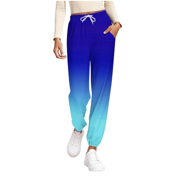 ZHYou No Boundaries Womens Pull On Jogger Pants,Color Block Gradient Trousers,Loose Fit Elastic Drawstring Waist Sweatpants with Pockets,Blue,Size L