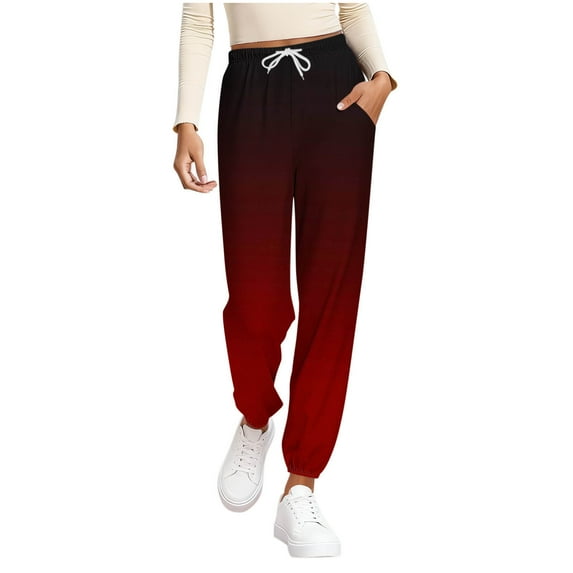 ZHYou Womens Pull On Jogger Pants,Color Block Gradient Trousers,Loose Fit Elastic Drawstring Waist Sweatpants with Pockets,Wine,Size M