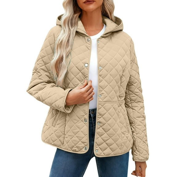 ZHYou Womens Quilted Jackets,Long Sleeve Button Down Diamond Puffer Jacket,Outerwear Warm Coats with Pockets,Beige,Size:2XL