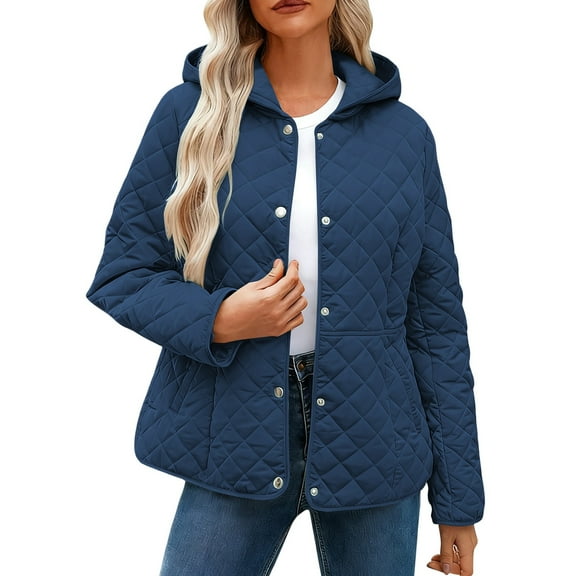 ZHYou Womens Quilted Jackets,Long Sleeve Button Down Diamond Puffer Jacket,Outerwear Warm Coats with Pockets,Blue,Size:M