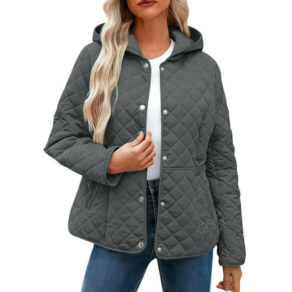 ZHYou Womens Quilted Jackets,Long Sleeve Button Down Diamond Puffer Jacket,Outerwear Warm Coats with Pockets,Gray,Size:M