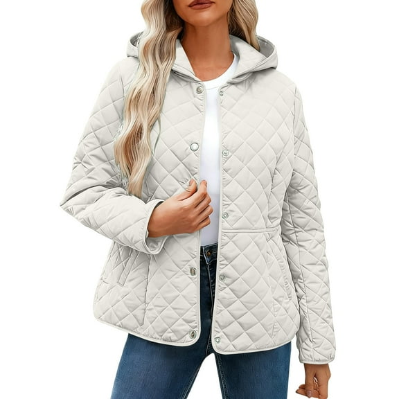ZHYou No Boundaries Womens Quilted Jackets,Long Sleeve Button Down Diamond Puffer Jacket,Outerwear Warm Coats with Pockets,White,Size:L