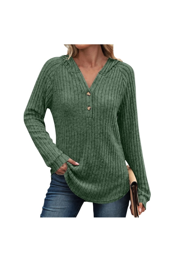 Womens Ribbed Knit Henley Tunic Tops,V Neck,Button,Long Sleeve,Casual,Pullover,Soft,Comfy Sweaters,Army Green,Size M