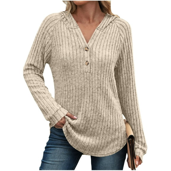ZHYou No Boundaries Womens Ribbed Knit Henley Tunic Tops,V Neck,Button,Long Sleeve,Casual,Pullover,Soft,Comfy Sweaters,Beige,Size M