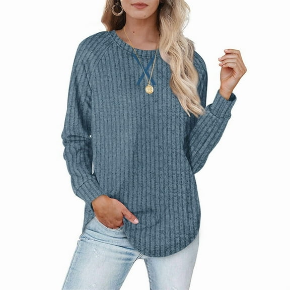 ZHYou No Boundaries Womens Ribbed Knit Long Sleeve Tops,Crew Neck,Baggy Fit,Casual,Pullover,Soft Tunic Shirts,Blue,Size S