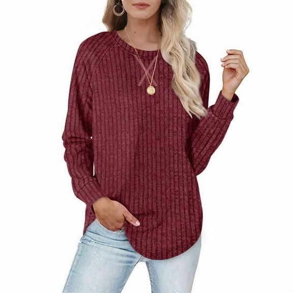 ZHYou Womens Ribbed Knit Long Sleeve Tops,Crew Neck,Baggy Fit,Casual,Pullover,Soft Tunic Shirts,Red,Size L