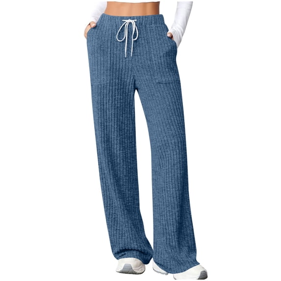 ZHYou Womens Ribbed Knit Wide Leg Pants,Soft Comfy Loose Fit Casual Drawstring Waist Trousers with Pockets,Blue,Size S