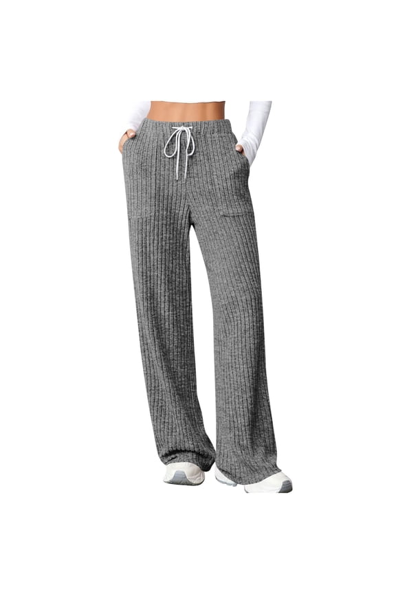 Womens Ribbed Knit Wide Leg Pants,Soft Comfy Loose Fit Casual Drawstring Waist Trousers with Pockets,Dark Gray,Size XL