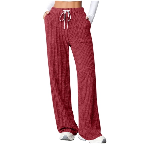 ZHYou Womens Ribbed Knit Wide Leg Pants,Soft Comfy Loose Fit Casual Drawstring Waist Trousers with Pockets,Red,Size XL