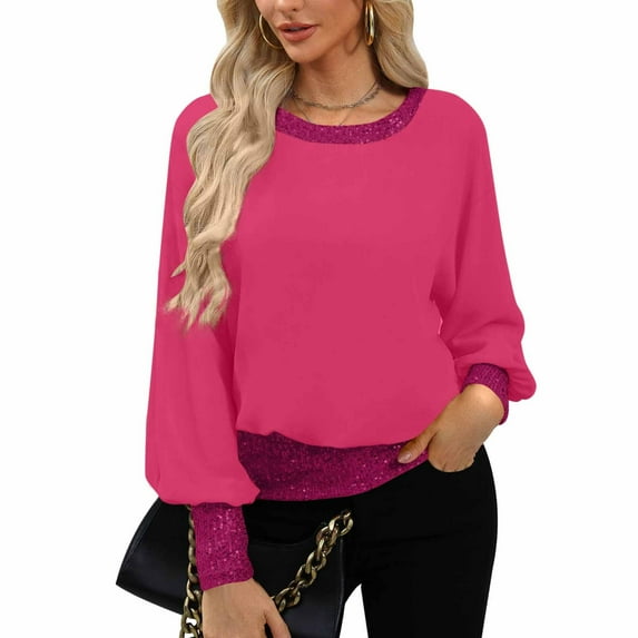 ZHYou Womens Sequined Trim,Long Sleeve Shirts,Casual Tunic,Puff Sleeves,Stretchy Lightweight Tops,Hot Pink,Size L