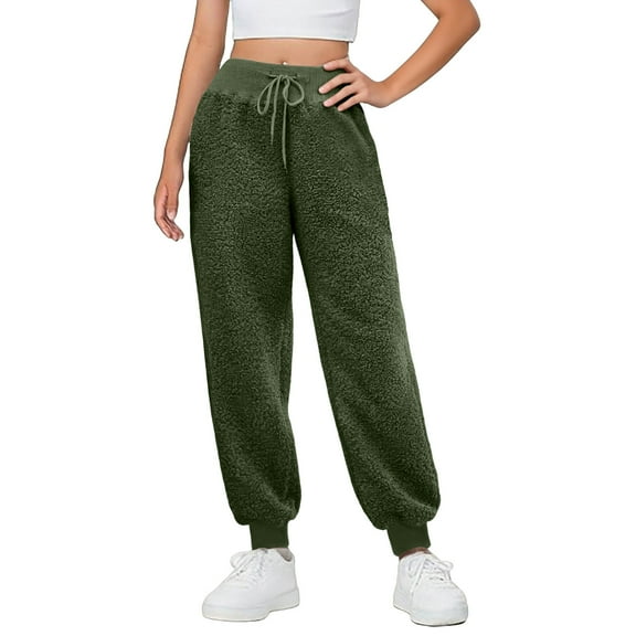 ZHYou Womens Sherpa Sweatpants Fuzzy Elastic Drawstring Waist Soft Warm Joggers with Pockets,Green,Size S